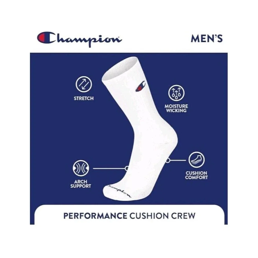 Champion Men's Performance Cushion Crew White Socks w/Logo 5 Prs Size 6-12.5 NWT